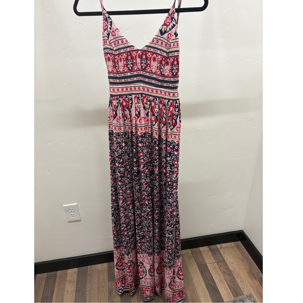 Dress Day Womens‎ Large Boho Floral Medallion Maxi Dress Red Navy Blue Open Back